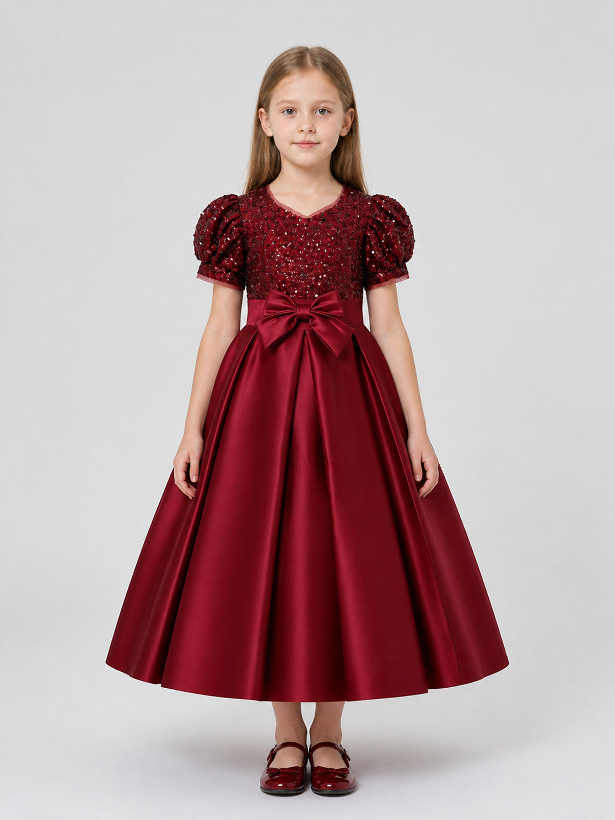 Burgundy Sequin Princess Dress for Girls, Floor-Length on-model view
