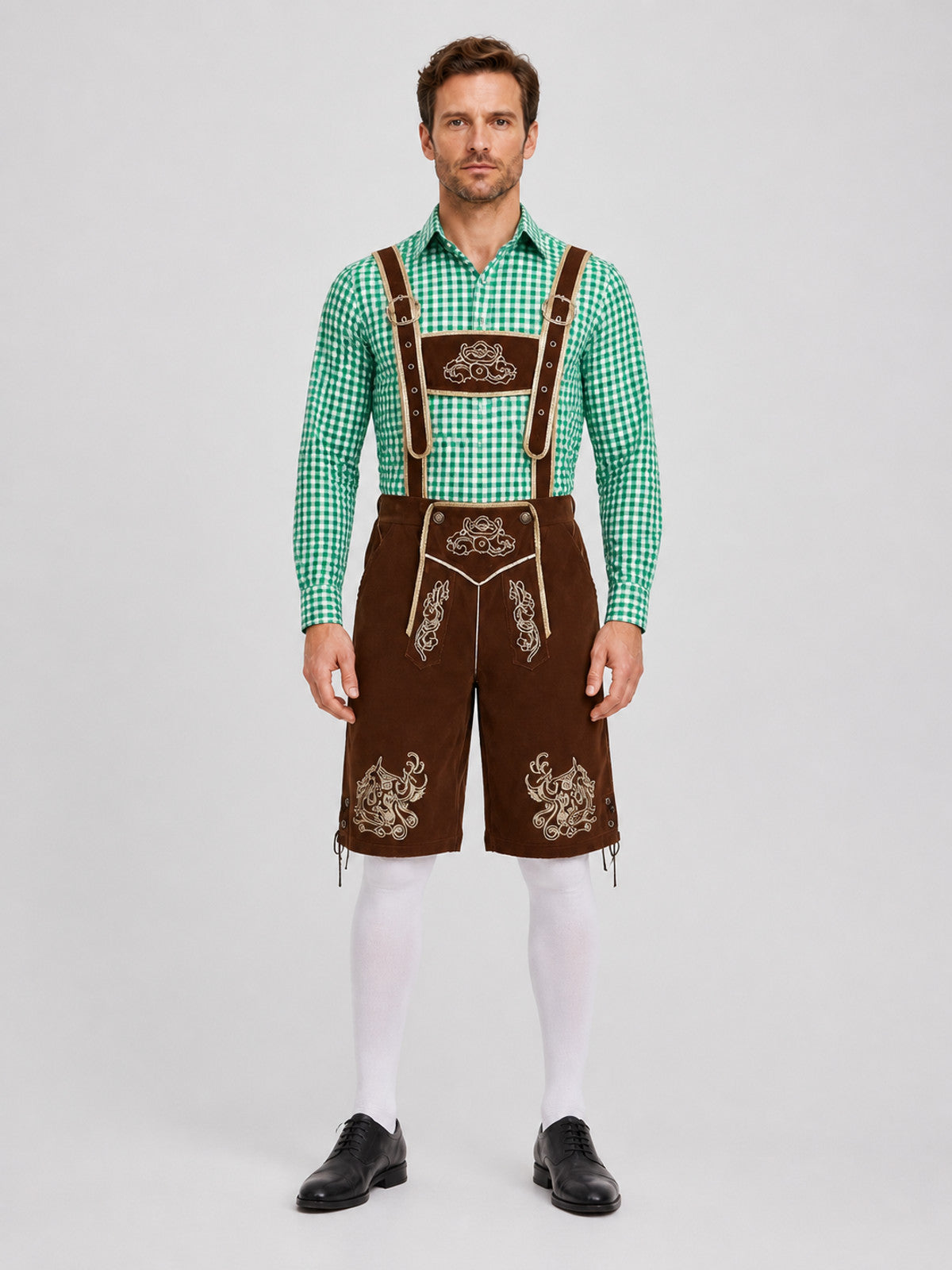 Bavarian Costume: Plaid Shirt, Embroidered Shorts on-model view