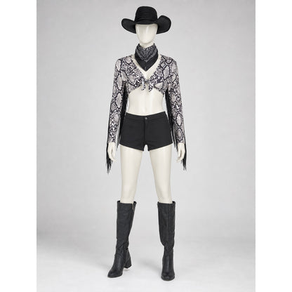 Cropped Jacket with Snakeskin Print and Fringe