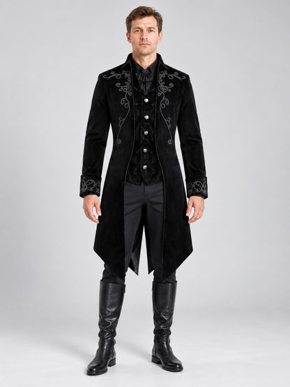 Black Velvet Long Tailcoat with Embroidery and Tails