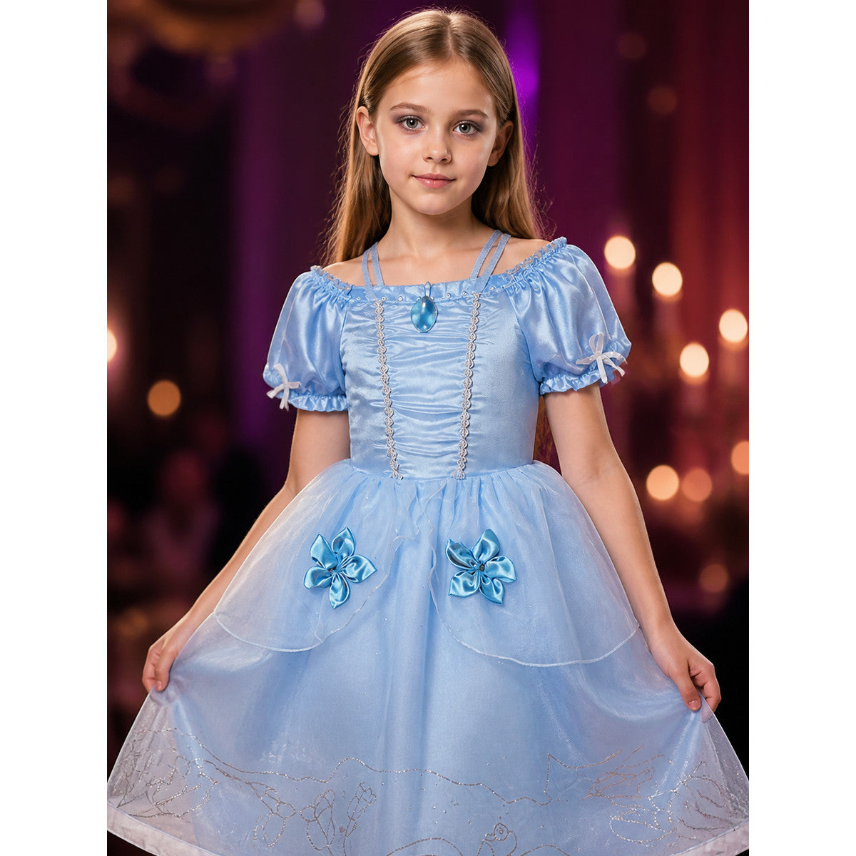 Kids Princess Costume Dress, Light Blue Puffy Sleeve Tutu Skirt with Flower on-model view
