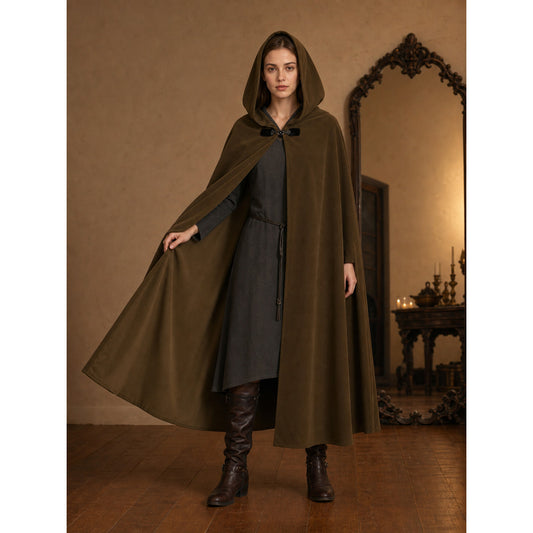 Medieval Fantasy Long Hooded Cloak with Oversized Hood, Flared Open Front Cape for Cosplay Costume Parties and Themed Events