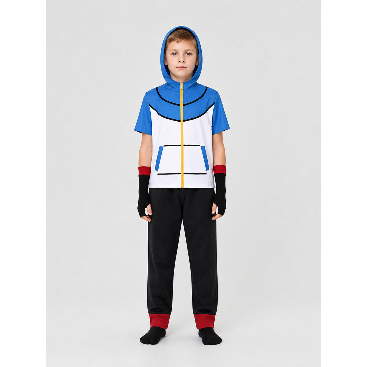 Ash Cosplay Costume: Top, Pants, Gloves on-model view