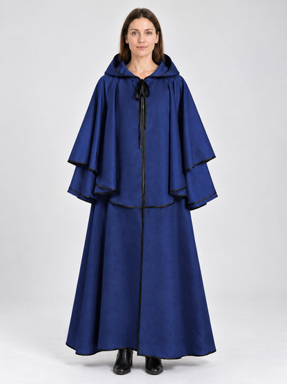 Blue hooded cloak cape with a shoulder cape and ties