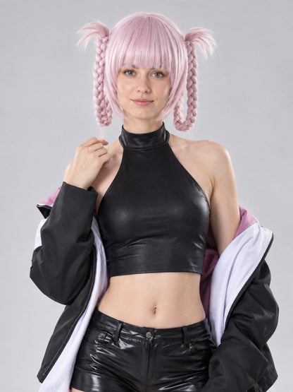 Pastel Pink Medium-Length Wig with Braids and Bangs