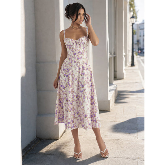 Women's midi dress with floral print and lace-up detailing
