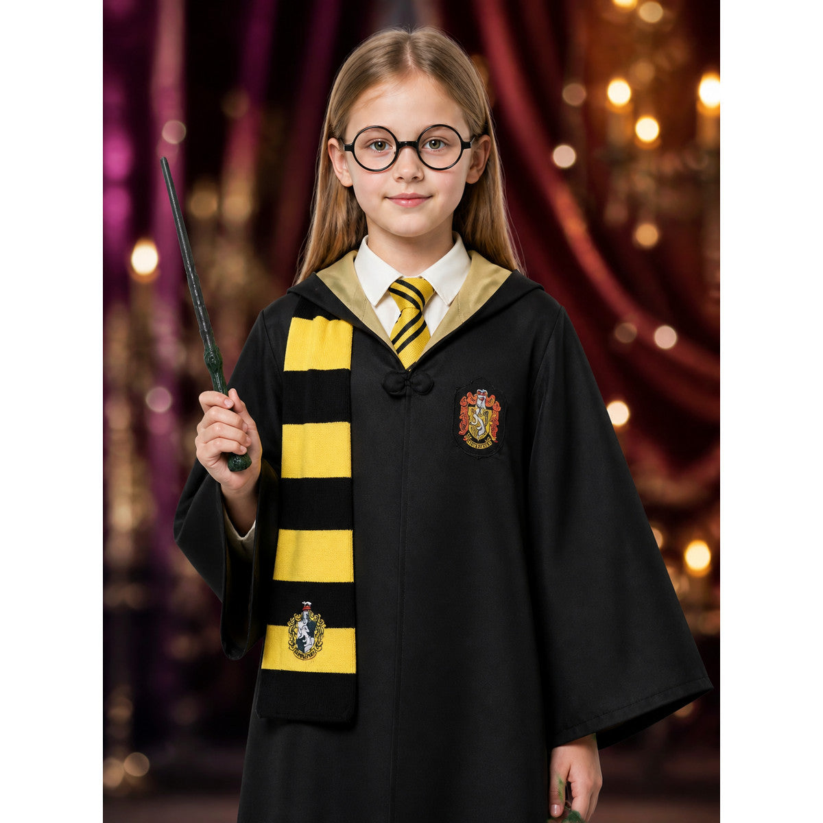 Wizard Costume Set, Black And Yellow Robe With Scarf, Tie, Wand And Glasses on-model view