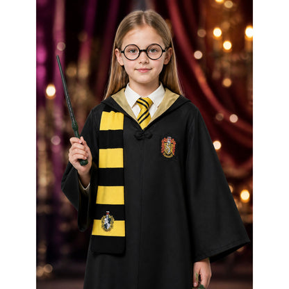 Wizard Costume Set, Black And Yellow Robe With Scarf, Tie, Wand And Glasses on-model view
