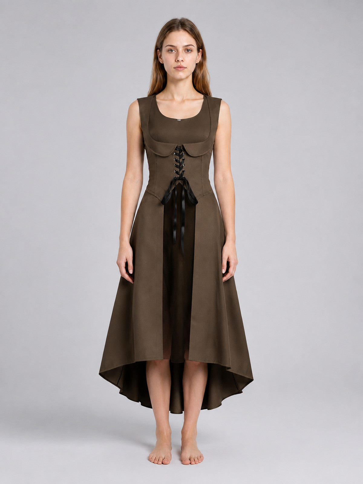 Brown Cosplay Dress with Asymmetrical Hem on-model view