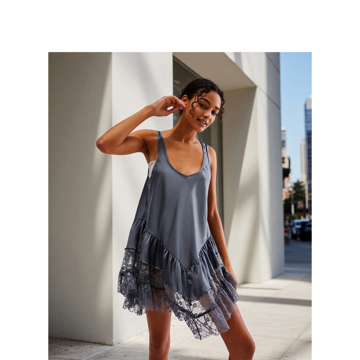 Gray Dress with Tiered Skirt and Lace Inserts