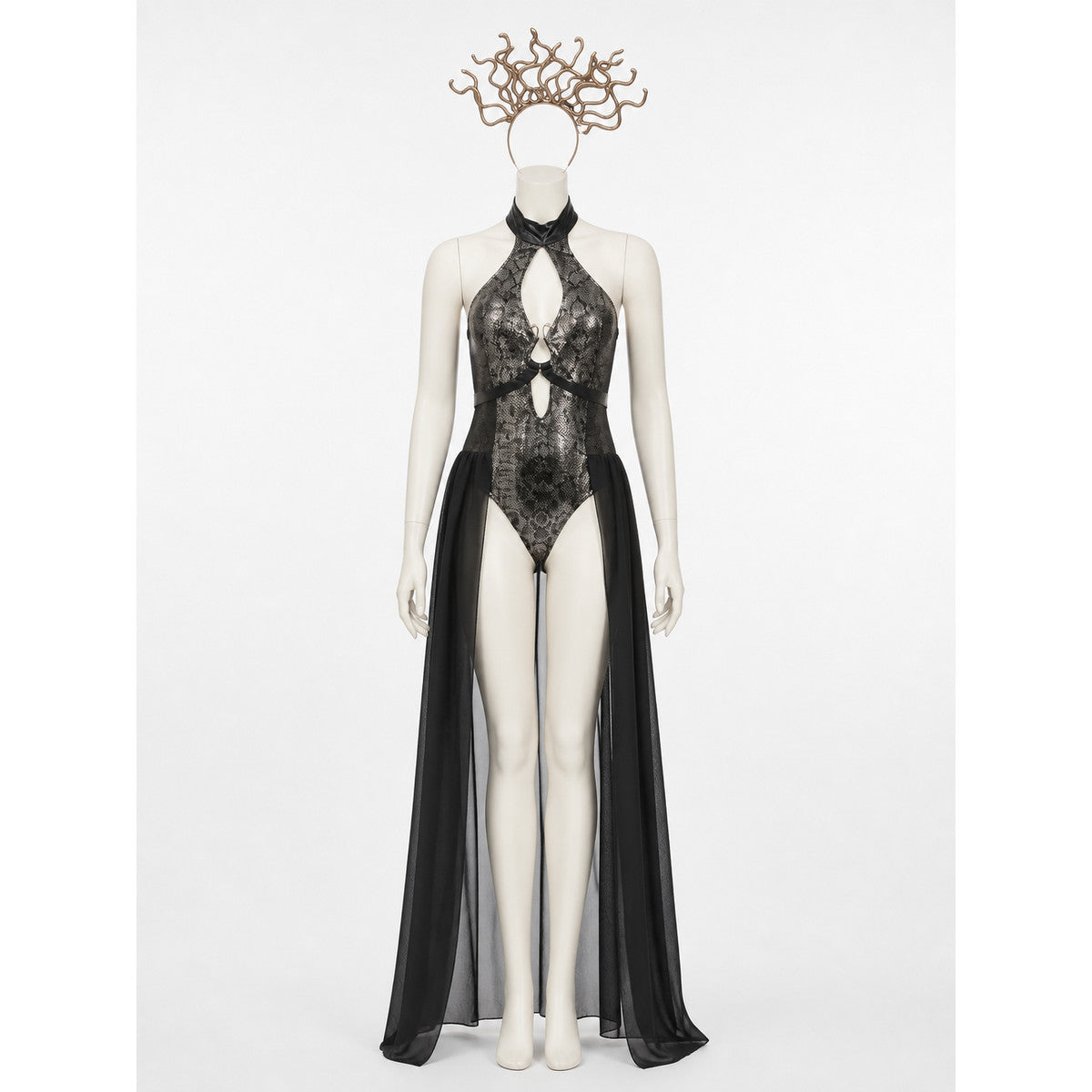 Egyptian Queen Bodysuit Costume With Cutout Design, Headpiece And Sheer Side on-model view