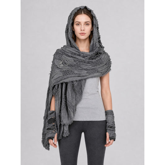 Hooded scarf with fingerless gloves, grunge design