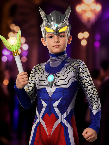 Kids' Light-Up Sci-Fi Armor Cosplay Costume Set, Blue Silver White with Helmet & on-model view