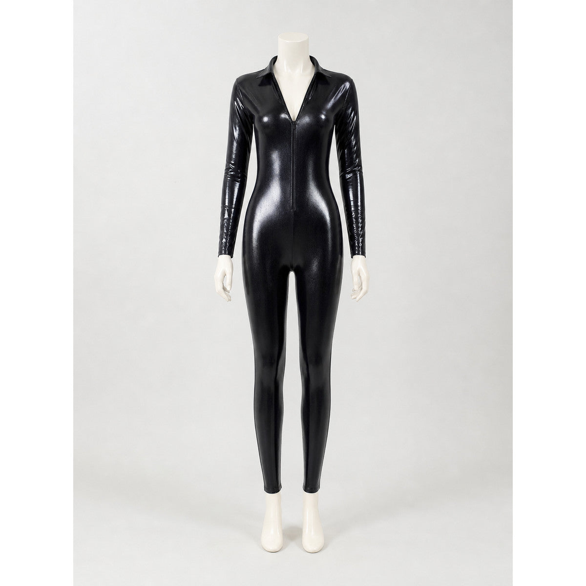 Black Glossy Long-Sleeve Jumpsuit