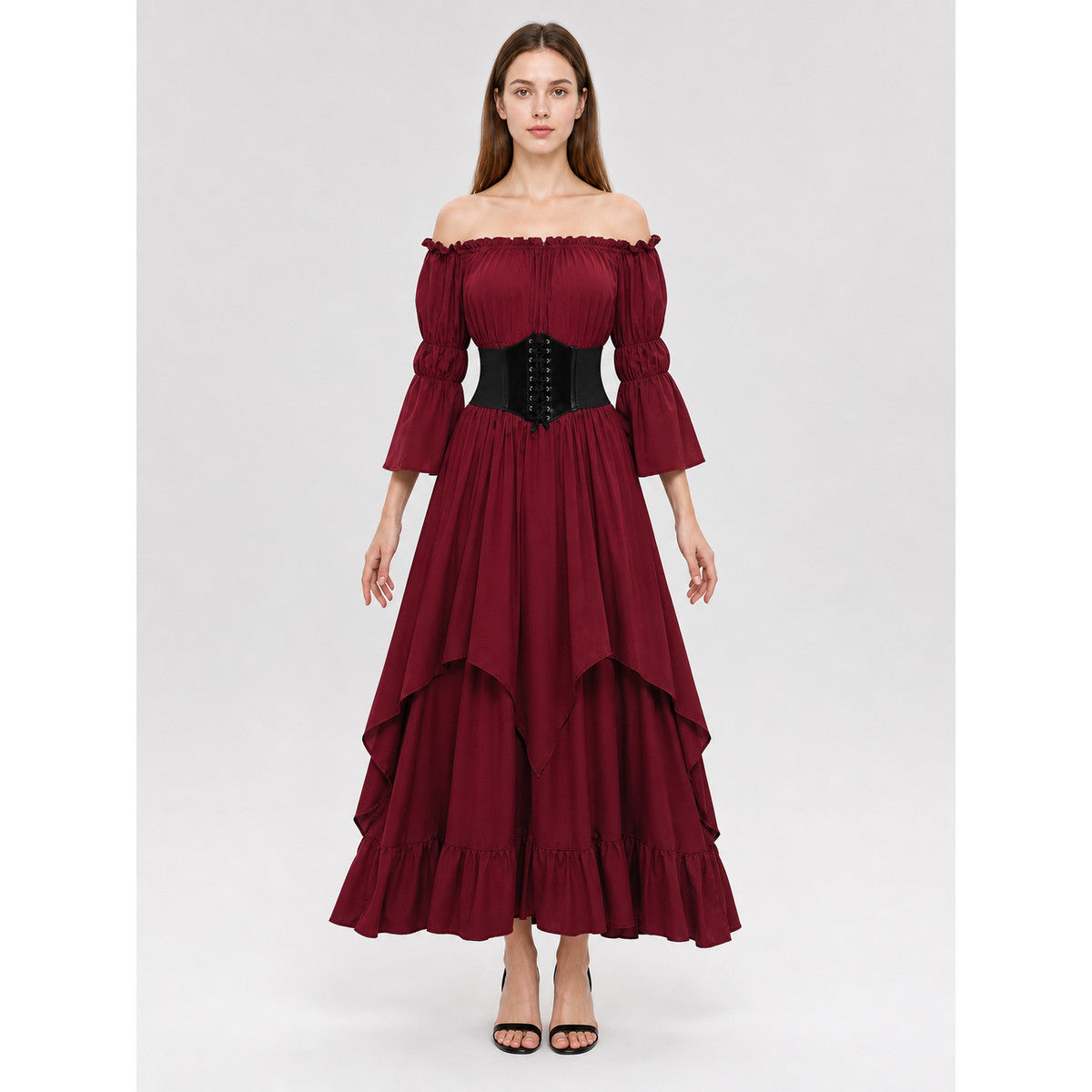 Burgundy Maxi Dress with Ruffles and Lace-Up Detail