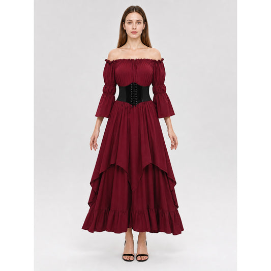 Burgundy Maxi Dress with Ruffles and Lace-Up Detail