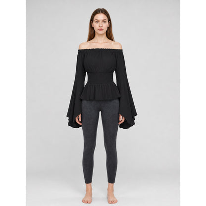 Black Off-the-Shoulder Blouse with Flared Sleeves