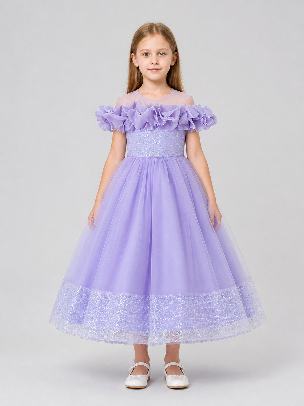 Long, full-length dress made of sequin mesh fabric on-model view
