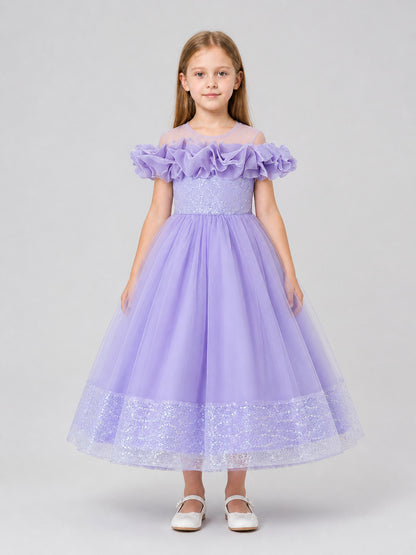 Long, full-length dress made of sequin mesh fabric on-model view