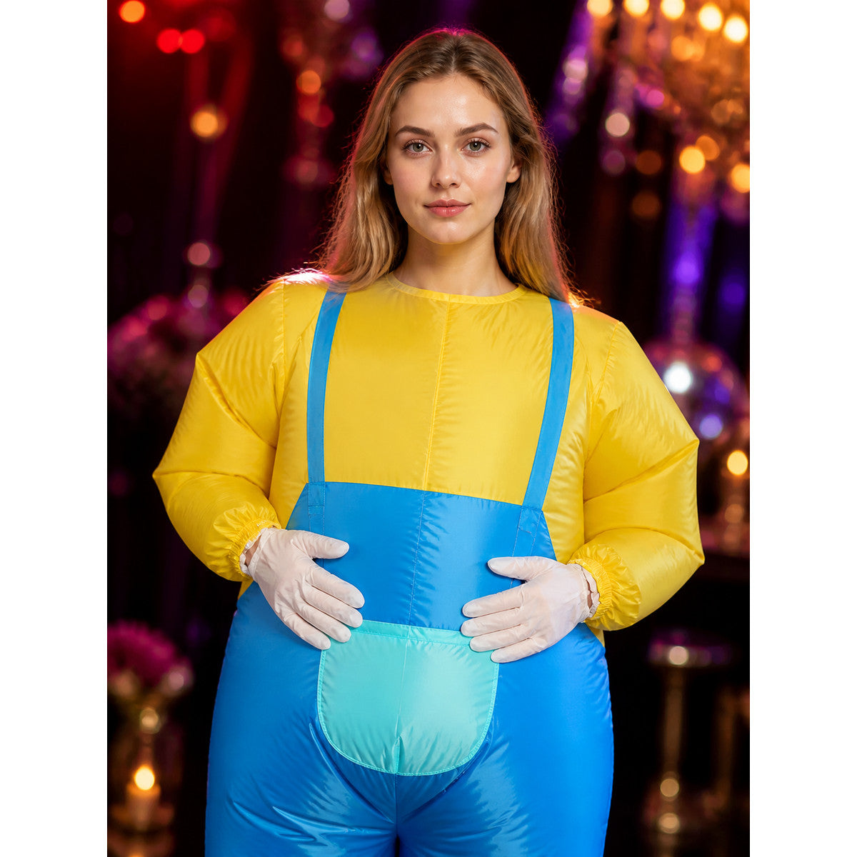 Adult Rabbit Costume, Blue-Yellow Animal Jumpsuit with Long Ears and Belly on-model view