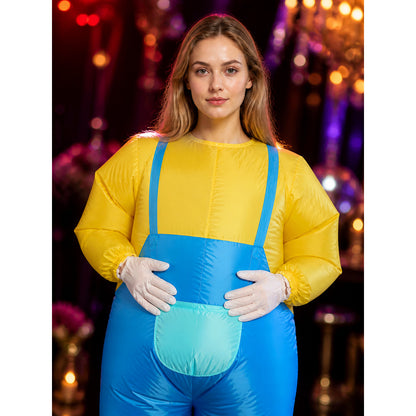 Adult Rabbit Costume, Blue-Yellow Animal Jumpsuit with Long Ears and Belly on-model view