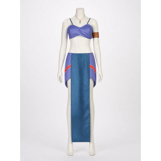 Princess Kida cosplay costume set on a mannequin: purple twist-front tube top, blue high-slit skirt, crystal pendant necklace and armband, front view
