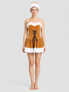 Women's Gold Christmas Dress Costume – Strapless Velour Mini Dress with White Fur Trim & Hat