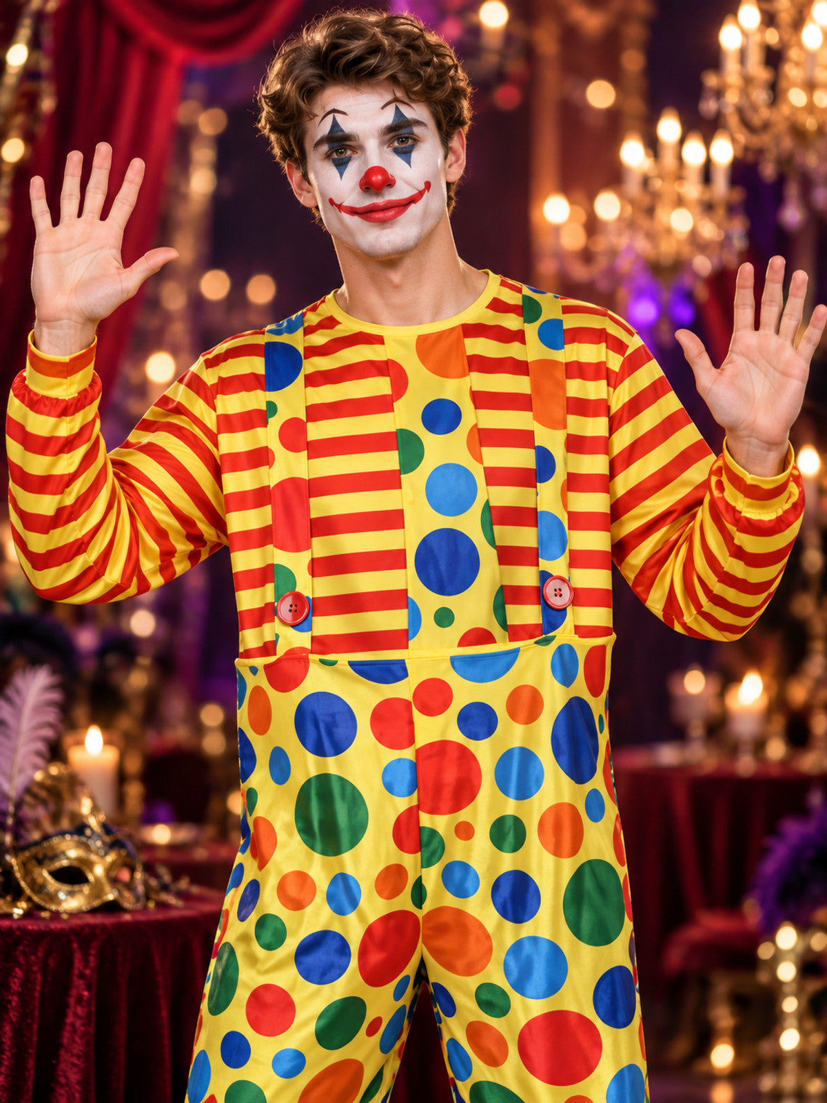 Adult Clown Costume Yellow with Polka Dots and Striped Sleeves