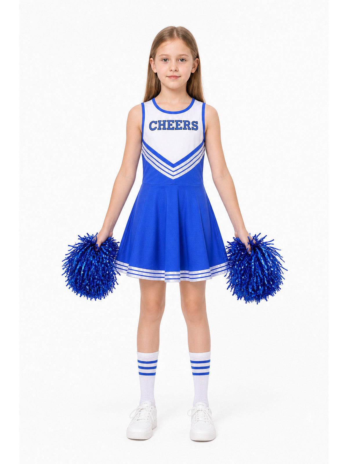 Children's CHEERS Cheerleading Dress, Blue and White, Sleeveless main product view