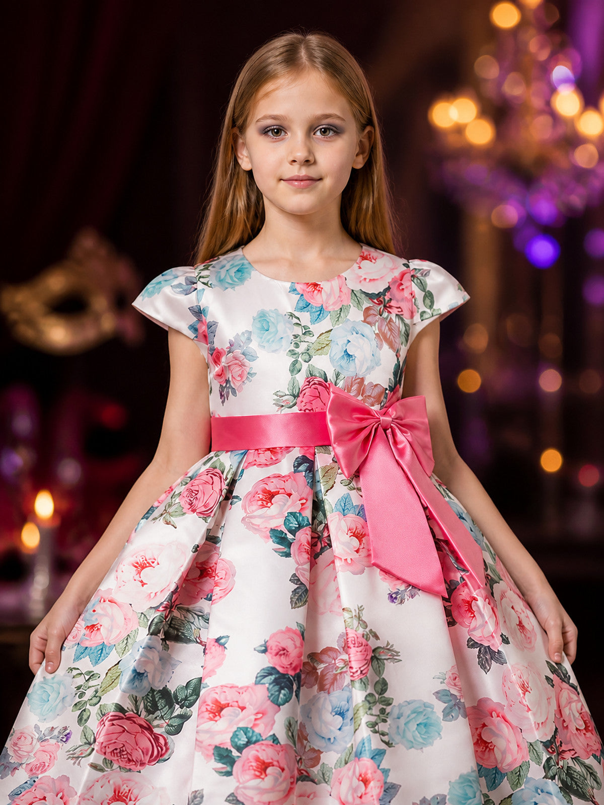 Girls' Floral Print Princess Dress With Bow, Short Sleeve Formal Outfit