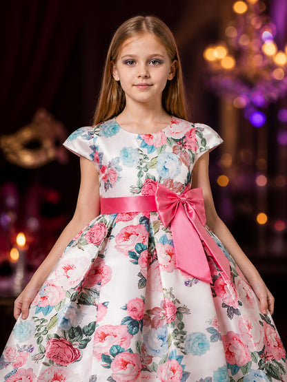 Girls' Floral Print Princess Dress With Bow, Short Sleeve Formal Outfit