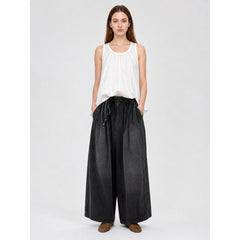 Black Wide-Leg Pants with Drawstring Waist, Elastic Waist, Side Pockets, Cropped