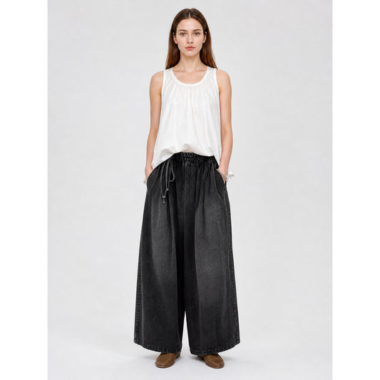 Black Wide-Leg Pants with Drawstring Waist, Elastic Waist, Side Pockets, Cropped on-model view
