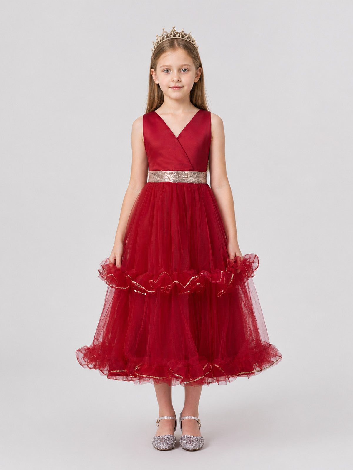 Burgundy Long Princess Dress with V-Neck for Performances