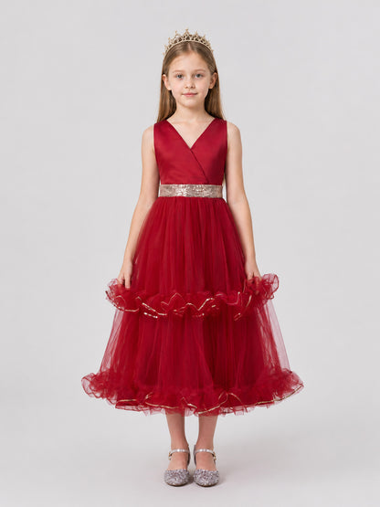 Burgundy Long Princess Dress with V-Neck for Performances