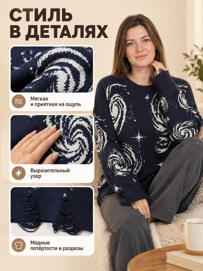 Navy blue viscose knit sweater with stars