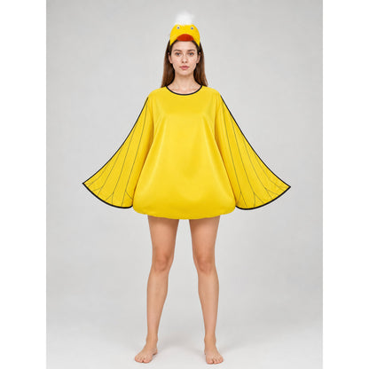 Full-body front view of a person wearing a bright yellow costume with wide wing sleeves and duck headband