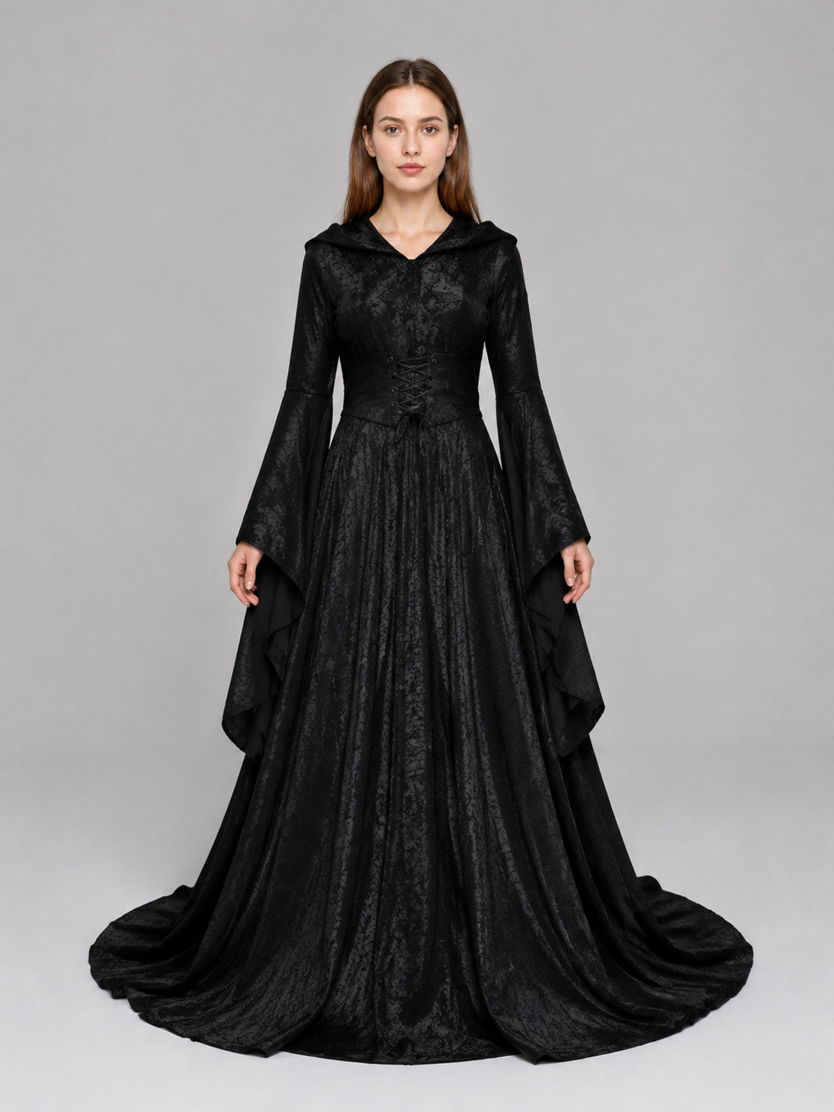 Medieval Hooded Dress with Train on-model view