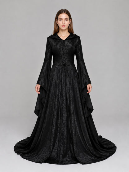 Medieval Hooded Dress with Train on-model view
