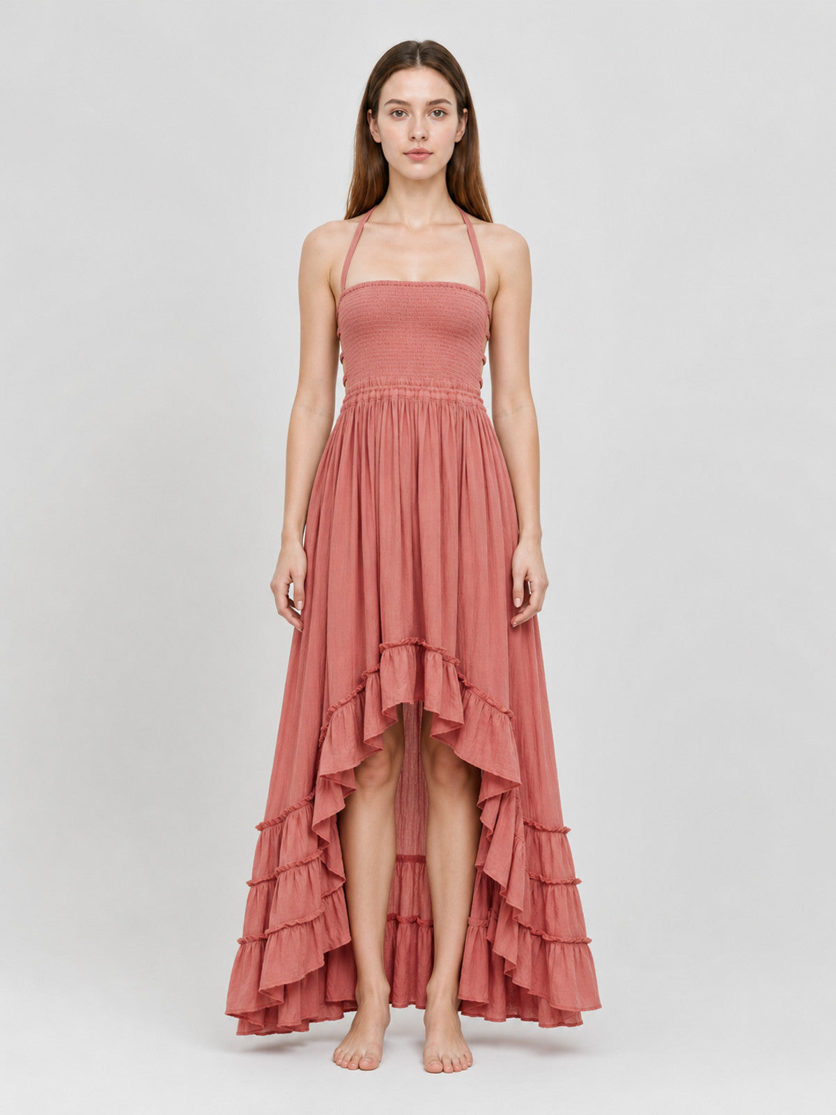 Boho-Style Maxi Dress with an Open Back front view