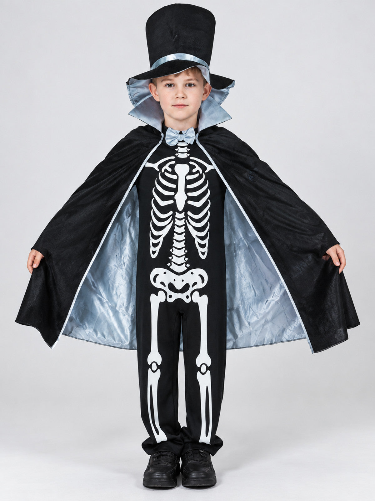Kids' skeleton carnival costume with cape and top hat