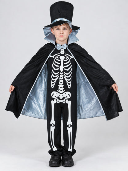 Kids' skeleton carnival costume with cape and top hat