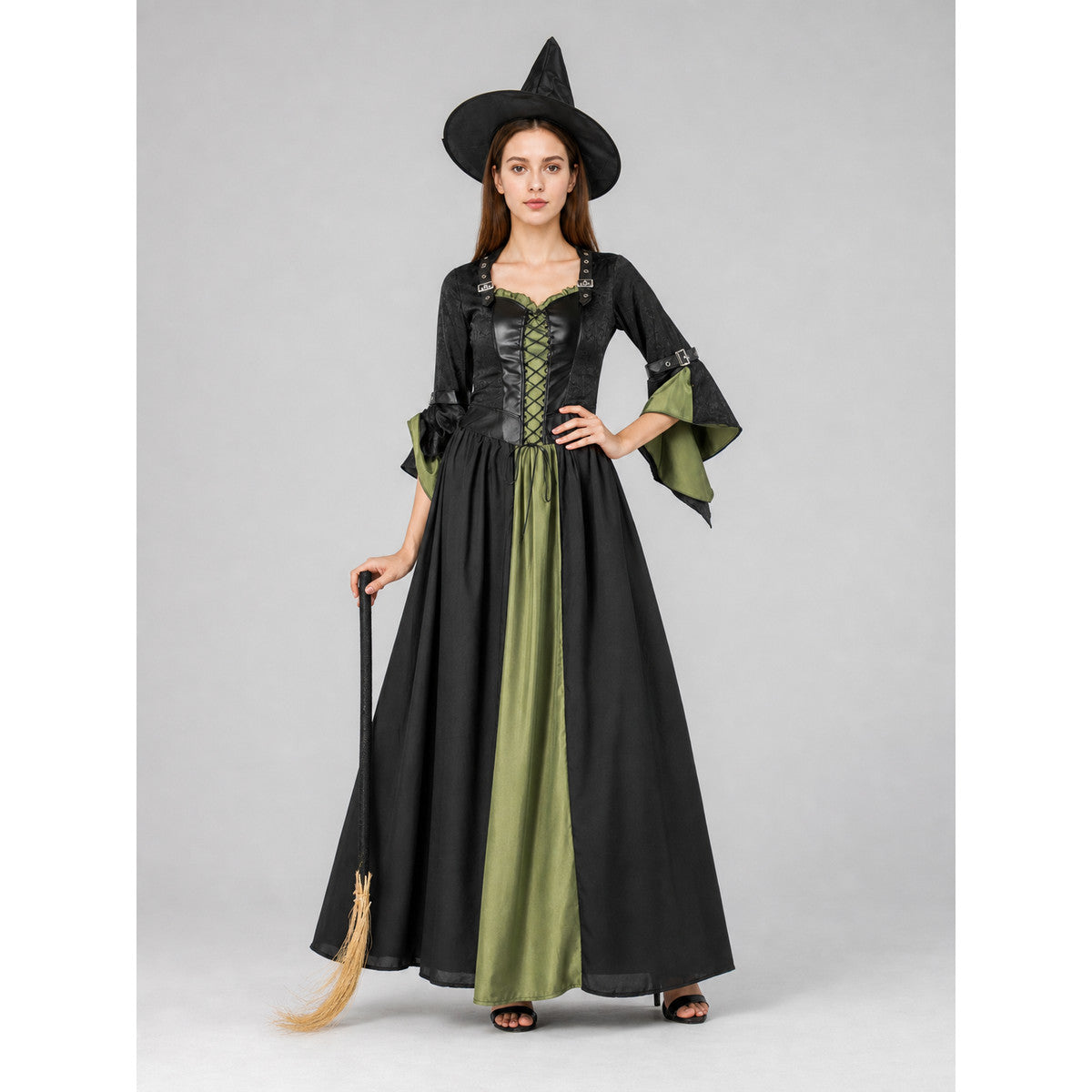 Long Witch-Style Dress with Sleeves and Lace-Up Detail