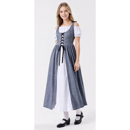 Gray princess dress with a white blouse for a party