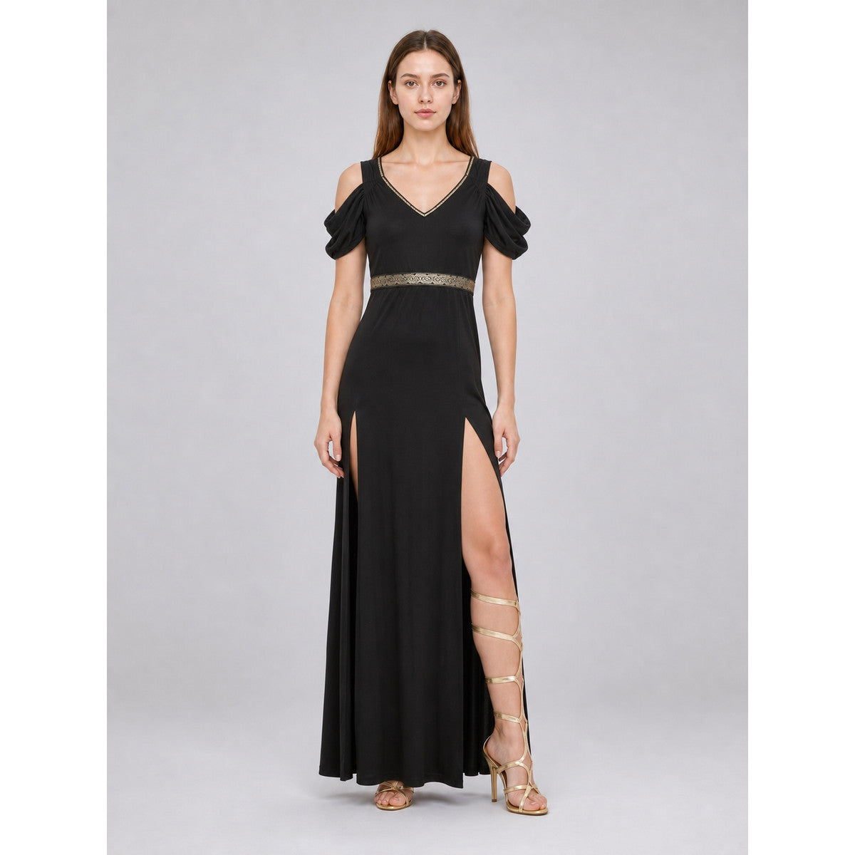 Cosplay Dress with Gold Belt and Slits on-model view