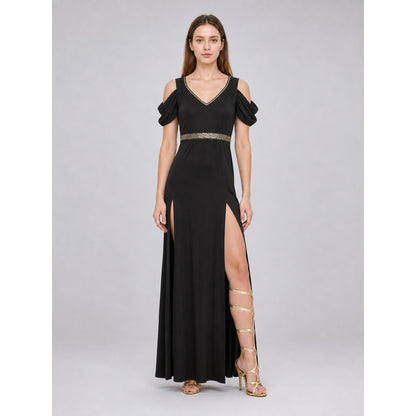 Cosplay Dress with Gold Belt and Slits on-model view