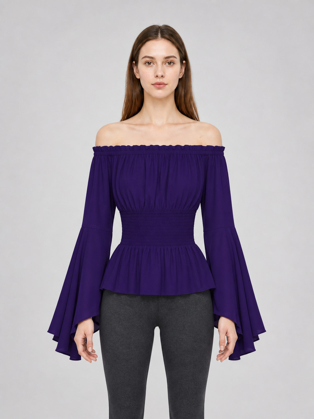 Off-the-Shoulder Top with Long Flared Sleeves front view
