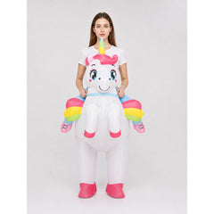 Adult Inflatable Unicorn Ride-On Costume, White with Rainbow Mane