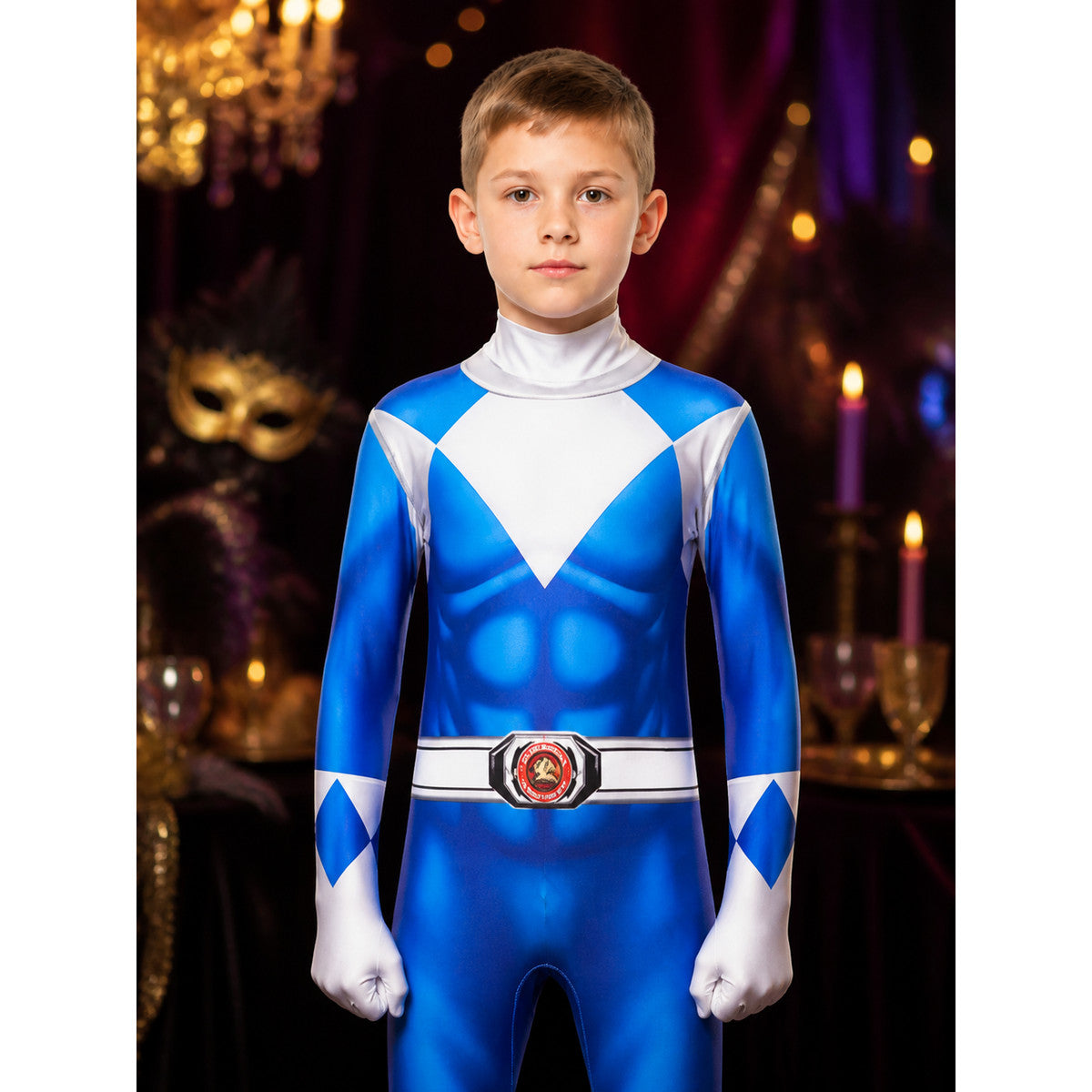 Blue Hero Muscle Print Jumpsuit Costume for Kids and Adults with Mask on-model view