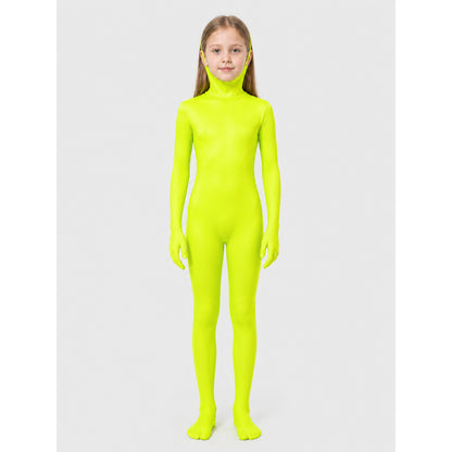 One-Piece Zentai Jumpsuit in Lime Green with Hood on-model view